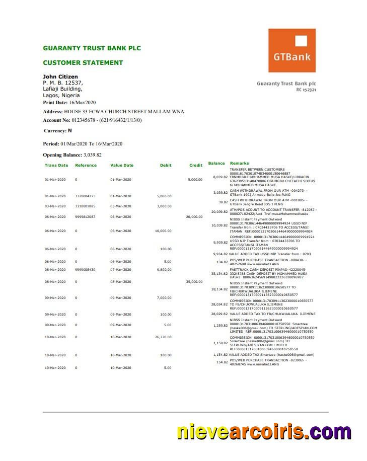 Nigeria GTBank proof of address bank statement in Word and PDF format